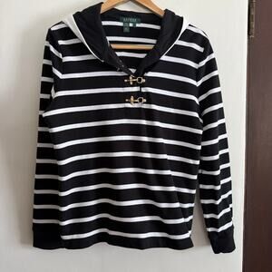 90s Vintage LAUREN RALPH LAUREN Black and White Striped Hooded Sweatshirt Large